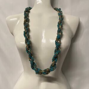 Vintage Seed Bead Multiple Strand Twisted Necklace Turquoise Gold 35" Statement